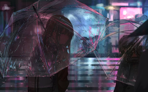 HD anime wallpaper featuring an anime girl holding an umbrella in a rainy night scene. The colorful lights from the surroundings create a reflective, moody atmosphere in the background.
