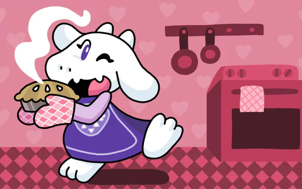 HD PC desktop wallpaper featuring Toriel from the video game Undertale, happily holding a freshly baked pie in a cozy pink kitchen setting.