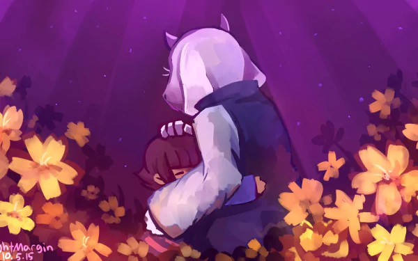 HD PC desktop wallpaper featuring Toriel and Frisk from the video game Undertale, surrounded by glowing orange flowers under a purple sky.