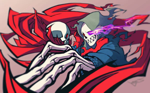 HD PC desktop wallpaper featuring Papyrus and Sans from the video game Undertale, showcasing dynamic poses and vibrant red and blue hues.