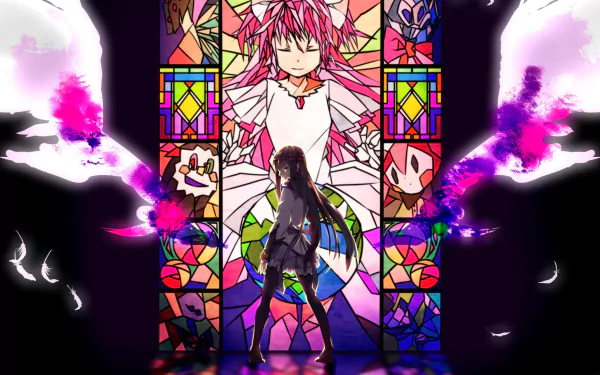 HD PC desktop wallpaper featuring Homura Akemi standing before a stained glass window depicting Ultimate Madoka and Charlotte from the anime Puella Magi Madoka Magica.