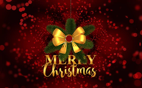 A festive 4K Ultra HD Christmas desktop wallpaper featuring a golden bow and green pine branches on a red bokeh holiday background with Merry Christmas text.