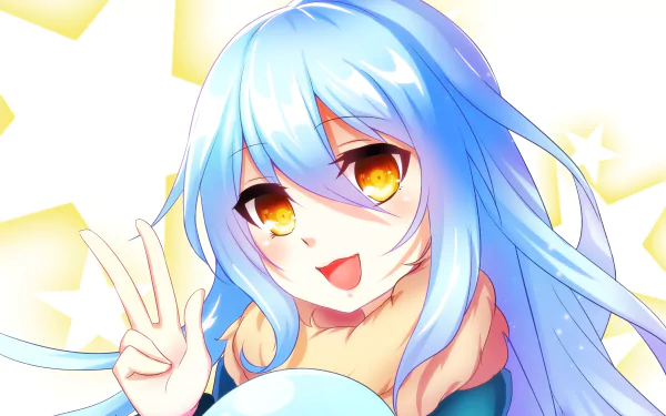 HD wallpaper featuring Rimuru Tempest from That Time I Got Reincarnated as a Slime, showing a cheerful expression with a peace sign.