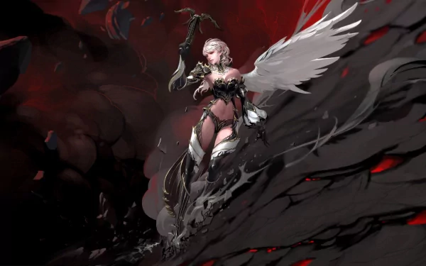 An HD desktop wallpaper featuring a character from the video game Lineage, depicted with striking wings and an intense pose against a dark, dramatic background.