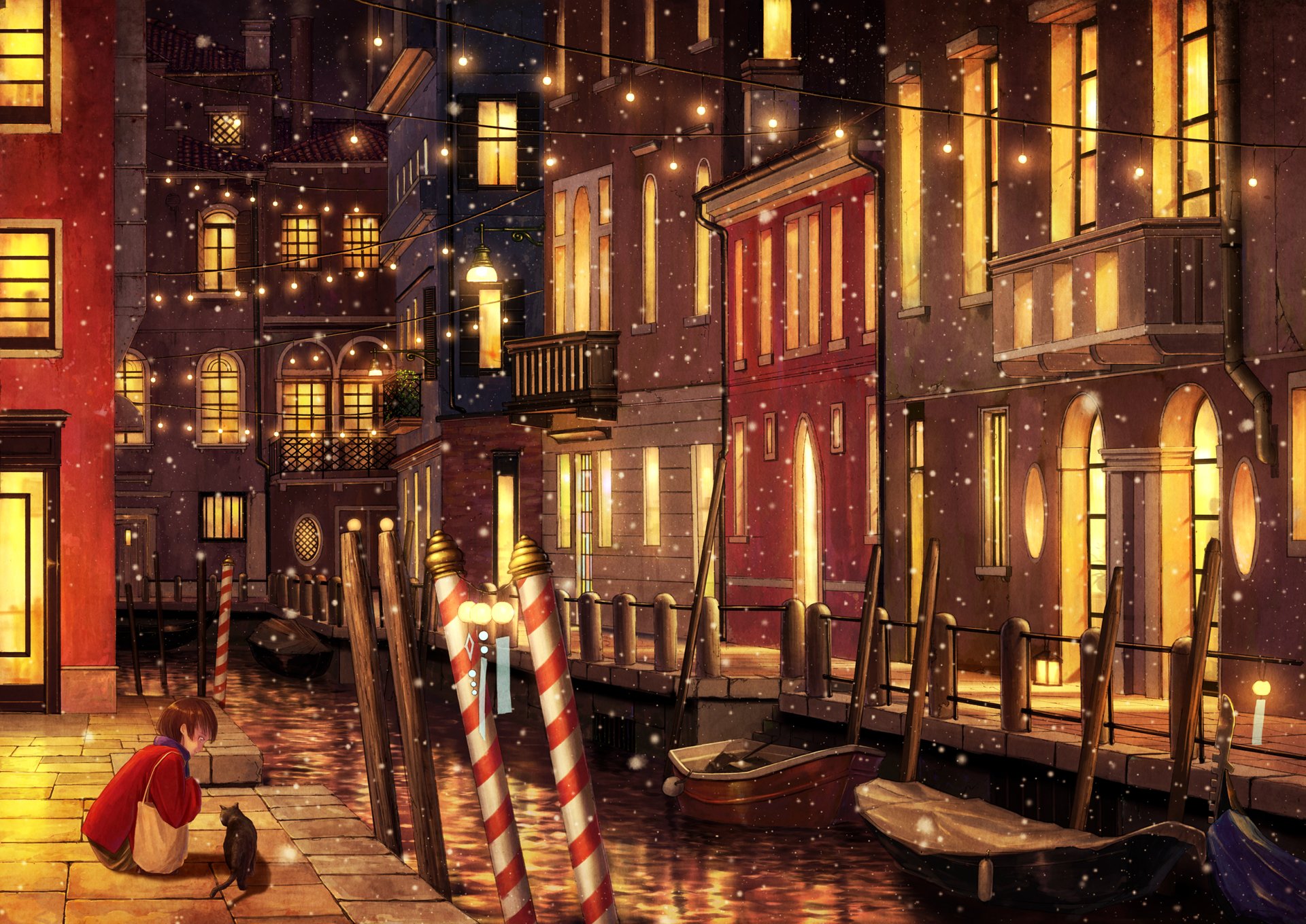 Anime-style city scene with snowfall, featuring a boat dock, warm glowing windows, and a person with short brown hair accompanied by an anime cat, rendered in HD.