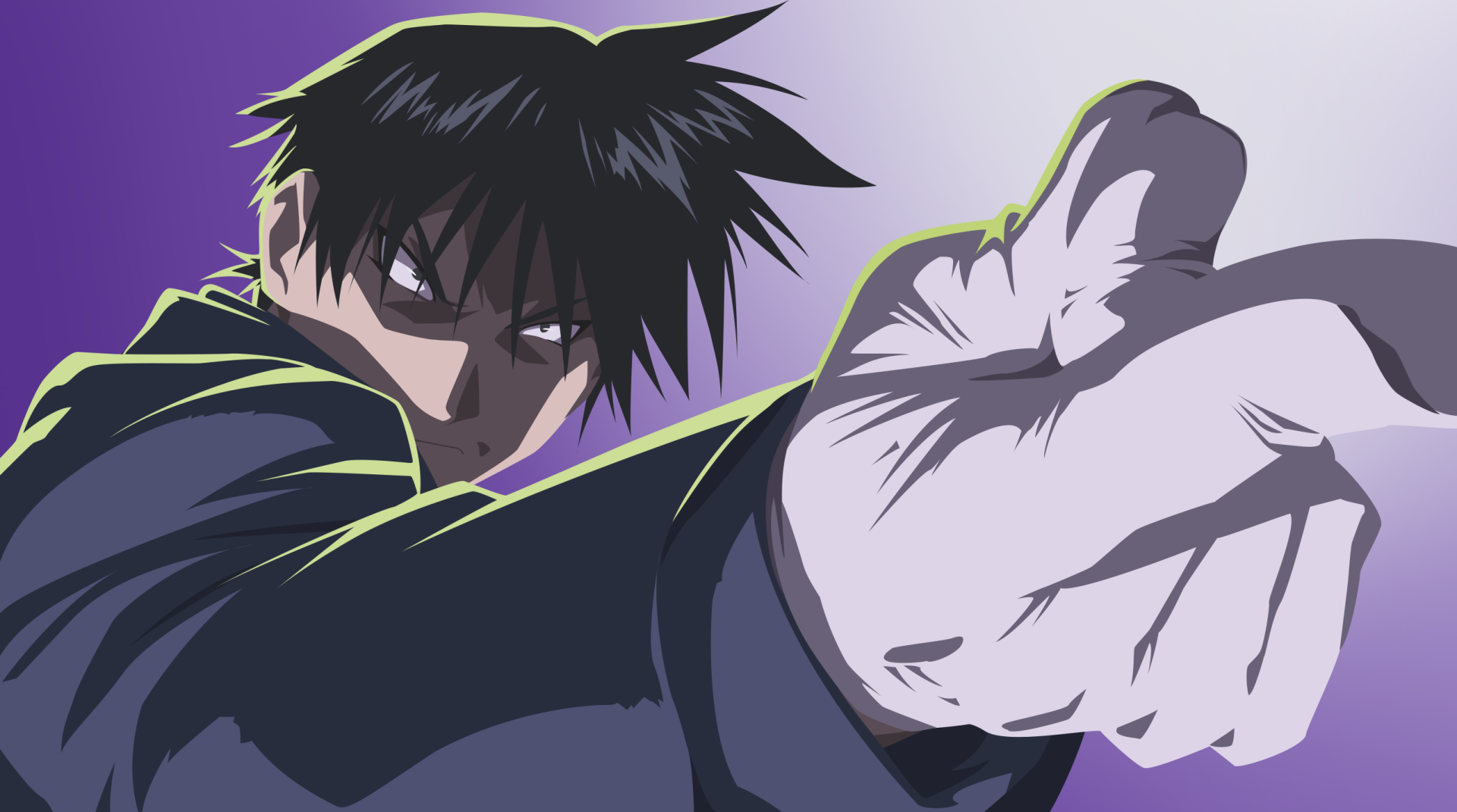 HD PC desktop wallpaper of Roy Mustang (Fullmetal Alchemist): anime-style close-up, intense glare and gloved hand thrust toward the viewer against a purple background.