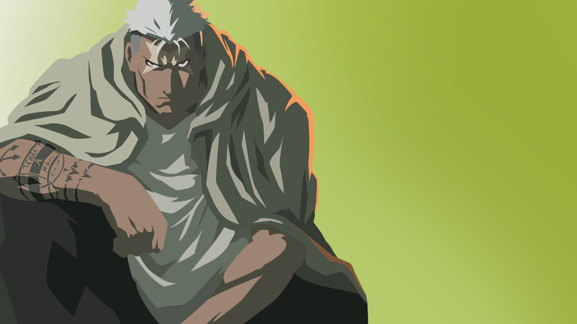 Scar from Fullmetal Alchemist crouches, revealing his tattooed arm and white hair beneath a cloak against a lime-green background — 2K Quad HD anime PC desktop wallpaper.
