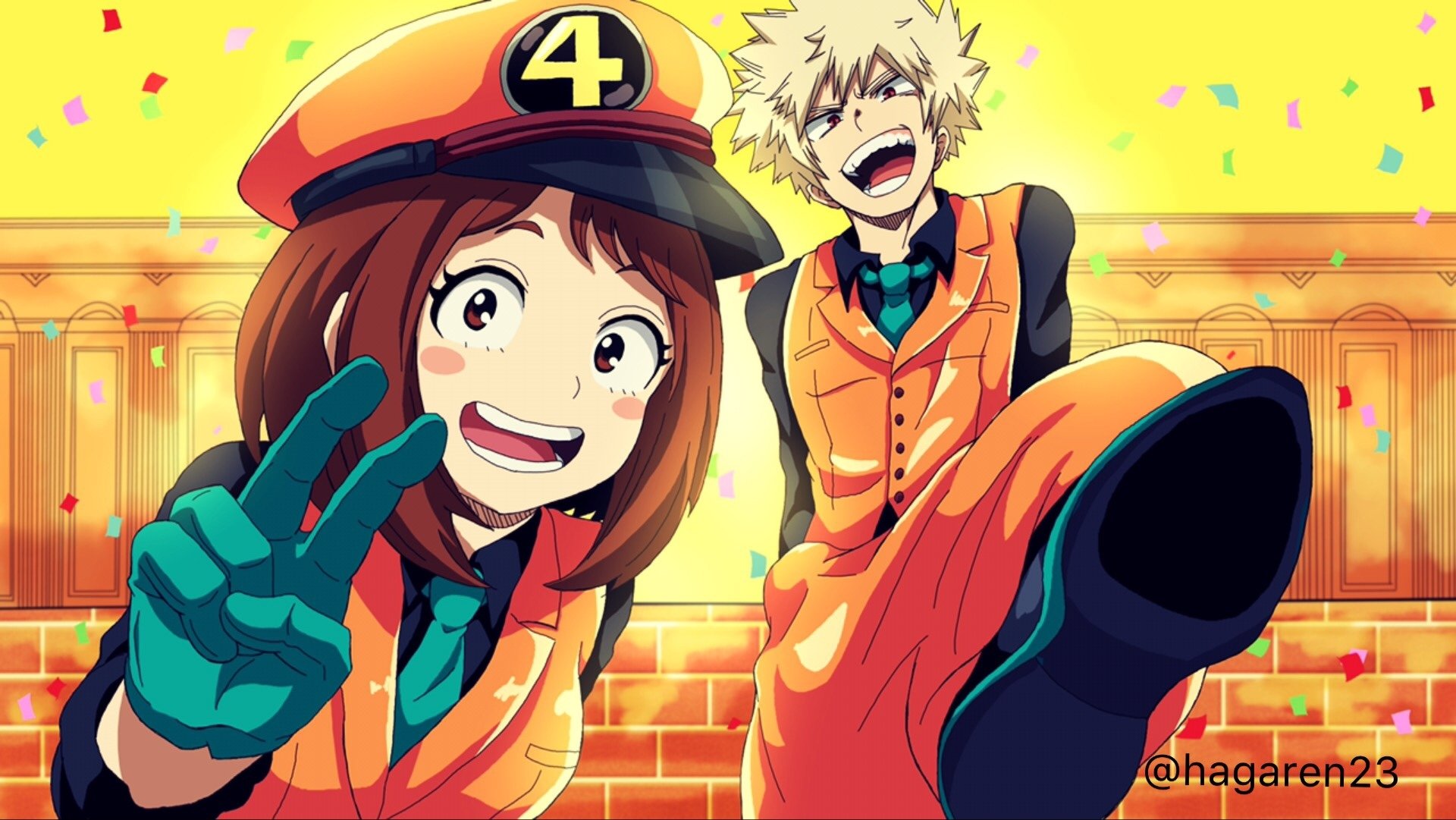 HD PC desktop wallpaper featuring Ochaco Uraraka and Katsuki Bakugou from My Hero Academia in vibrant orange outfits with a lively, celebratory background.