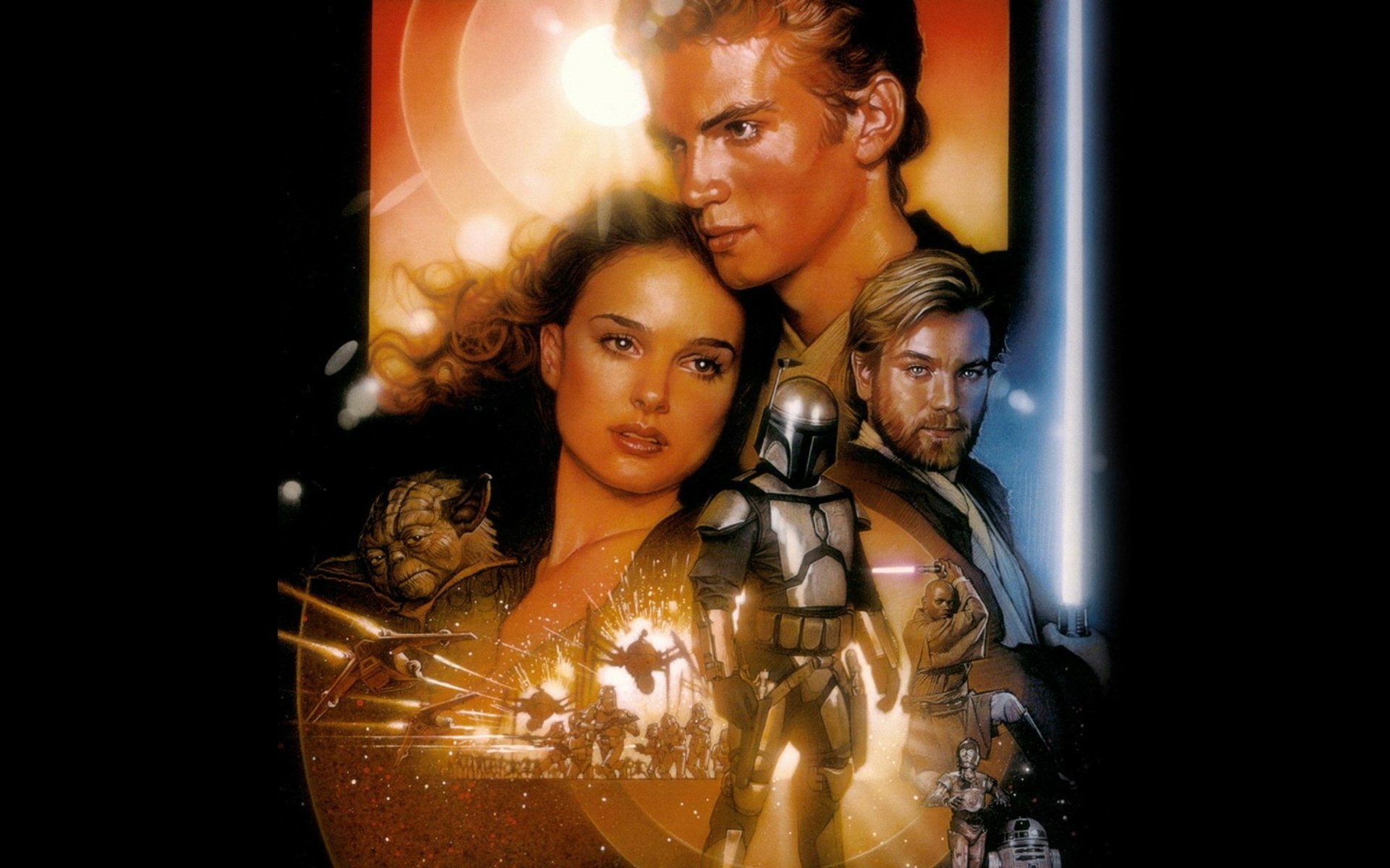 HD PC desktop wallpaper featuring key characters from Star Wars Episode II: Attack of the Clones, including Anakin Skywalker, Padmé Amidala, Obi-Wan Kenobi, and others.