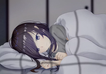 Anime character with long brown hair and black eyes, smiling while lying under a blanket. This HD desktop wallpaper captures an original, serene moment.