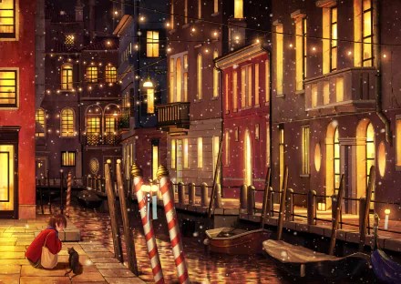 Anime-style city scene with snowfall, featuring a boat dock, warm glowing windows, and a person with short brown hair accompanied by an anime cat, rendered in HD.
