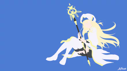 Minimalist HD anime wallpaper of Priestess from Goblin Slayer with long blonde hair, wearing a coat, shorts, thigh boots, a hat, and holding a staff.