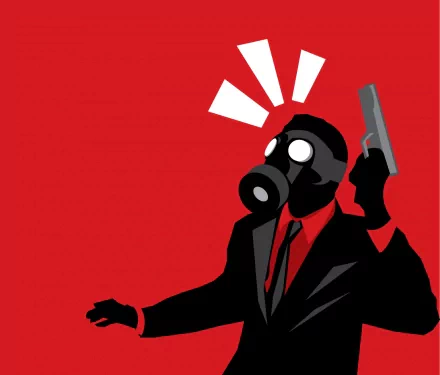 A striking HD wallpaper featuring a dark figure in a gas mask, wearing a suit, holding a gun against a bold red background, conveying a sense of intensity and drama.