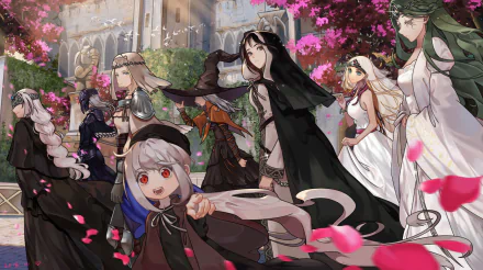 HD PC desktop wallpaper featuring vibrant, anime-style characters inspired by Dark Souls III, set against a detailed, bright fantasy background with pink flower petals.