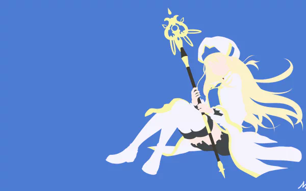 Minimalist HD anime wallpaper of Priestess from Goblin Slayer with long blonde hair, wearing a coat, shorts, thigh boots, a hat, and holding a staff.