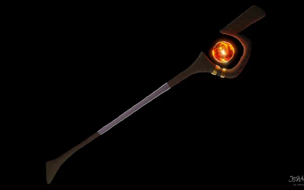 HD anime desktop wallpaper of Megumin's ornate explosion staff from KonoSuba — God’s blessing on this wonderful world!! Glowing red gem on a black background.