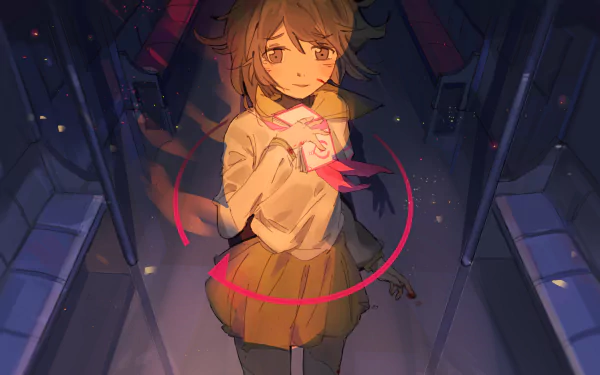 HD PC desktop wallpaper featuring Ringo from the anime Mawaru Penguindrum, depicted with glowing red ribbons in a dimly lit urban setting.