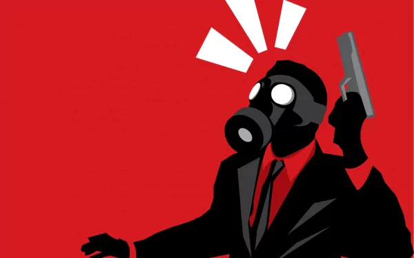 A striking HD wallpaper featuring a dark figure in a gas mask, wearing a suit, holding a gun against a bold red background, conveying a sense of intensity and drama.