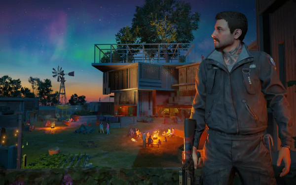 4K Ultra HD PC desktop wallpaper: Far Cry New Dawn video game scene — armed survivor in foreground, post-apocalyptic campfires and makeshift buildings beneath an aurora-lit dusk sky.