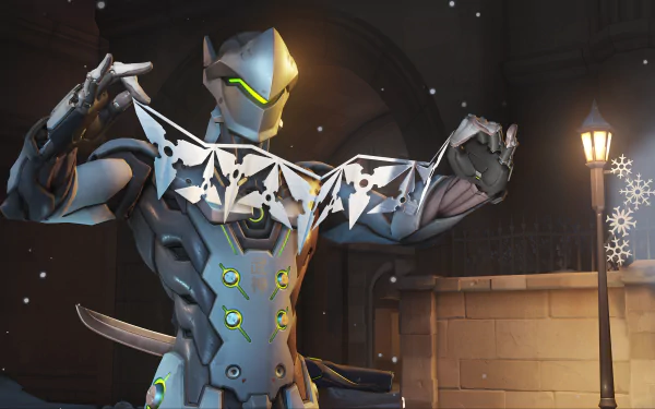 Genji (Overwatch) holds a string of paper cranes amid falling snow on a lantern-lit street — video game artwork, 4K Ultra HD PC desktop wallpaper and background.