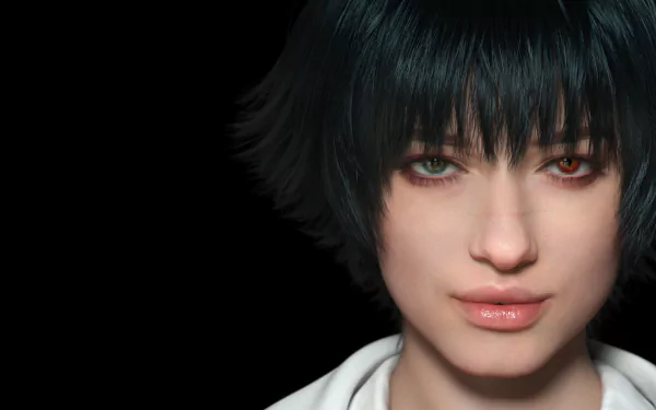 HD wallpaper of Lady from the video game Devil May Cry 5, showcasing her face against a black background.