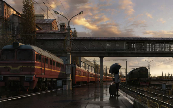 A person with an umbrella stands on a wet platform at a train station as a train waits under dramatic evening clouds, captured in 4K Ultra HD detail.
