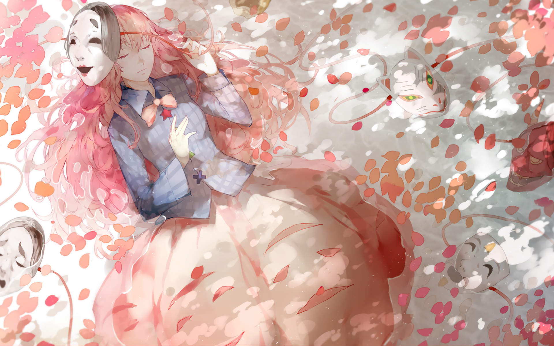 Hata no Kokoro, Touhou anime HD PC wallpaper: a red-haired, mask-bearing girl reclines amid drifting pink petals and scattered emotion masks.