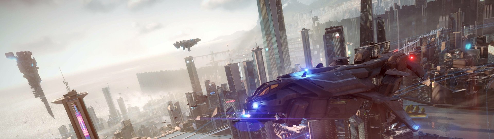 Killzone: Shadow Fall video game HD PC desktop wallpaper showing a futuristic city skyline with a hovering gunship and patrol craft above neon-lit rooftops.