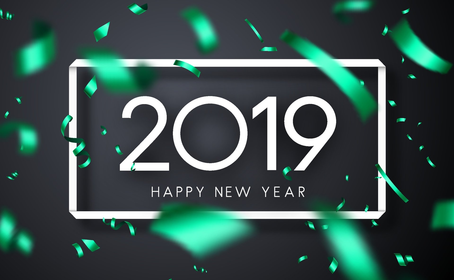 HD PC desktop wallpaper: white 2019 framed with Happy New Year beneath and green confetti falling on a dark holiday background.