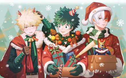 My Hero Academia anime Christmas wallpaper: Todoroki, Midoriya, and Bakugou in festive coats and Santa hats, holding gifts amid falling snow — 2K Quad HD PC desktop background.