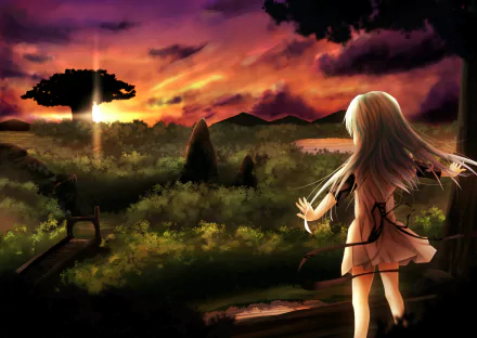 Anime-style 4K Ultra HD desktop wallpaper depicting a blonde girl with long hair standing at sunset in a forest, surrounded by lush greenery and vibrant skies.