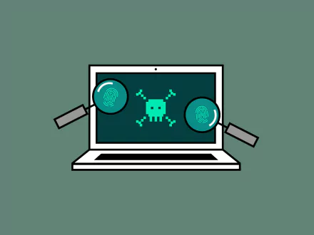 HD desktop wallpaper featuring a laptop displaying a pixelated skull and crossbones, with magnifying glasses highlighting digital fingerprints, symbolizing hacking and cybersecurity.