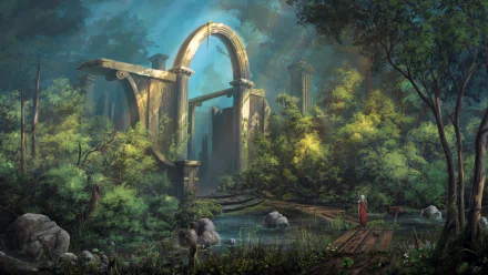 HD desktop wallpaper of a fantasy scene featuring a woman warrior standing before ancient ruins amidst a lush, green forest. Sunlight filters through the trees, adding a mystical aura.