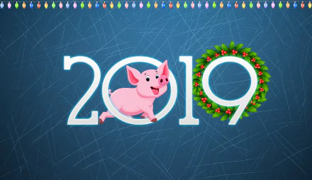 HD PC desktop wallpaper featuring a festive 2019 New Year design with a playful pink pig and a holiday wreath on a textured blue background.