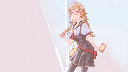 HD PC desktop wallpaper featuring Tsubasa Hanekawa from the Monogatari series, depicted in a school uniform with glasses and braided hair.