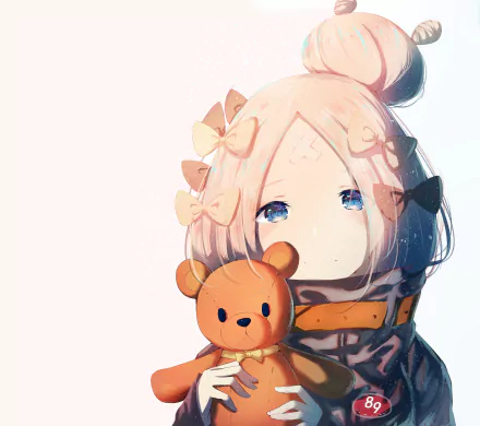 HD anime desktop wallpaper featuring Abigail Williams from Fate/Grand Order, depicted with light hair, expressive blue eyes, and holding a teddy bear.