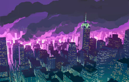 HD anime cityscape at night inspired by Promare, featuring vibrant purple skies and glowing skyscrapers, designed as a dynamic PC desktop wallpaper background.