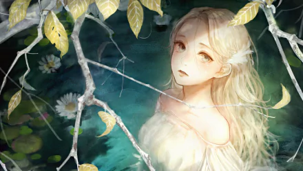 HD anime original artwork of a girl in a flowing dress surrounded by branches and yellow leaves, designed as a PC desktop wallpaper and background.