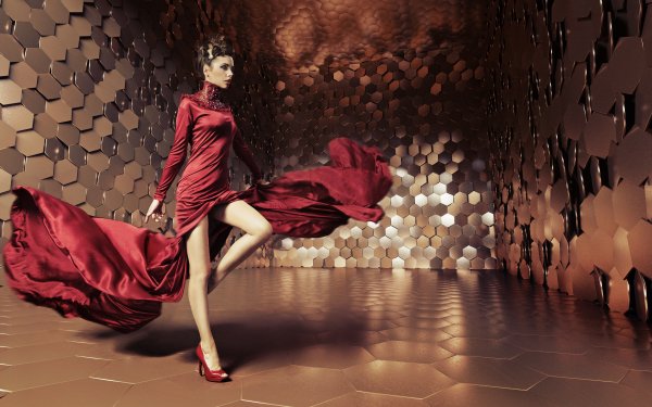 Women Model High Heels Hexagon Red Dress Brunette HD Wallpaper | Background Image