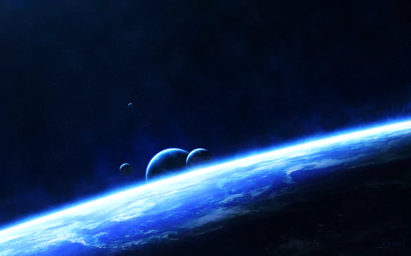 8K Ultra HD PC desktop wallpaper: sci‑fi planetscape of a glowing blue planet limb with distant moons in deep space, dramatic starfield background.