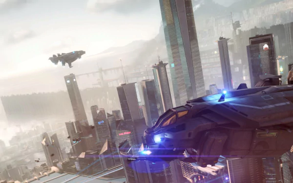 Killzone: Shadow Fall video game HD PC desktop wallpaper showing a futuristic city skyline with a hovering gunship and patrol craft above neon-lit rooftops.