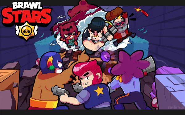 HD desktop wallpaper of Brawl Stars characters engaged in an action-packed battle scene for game enthusiasts.