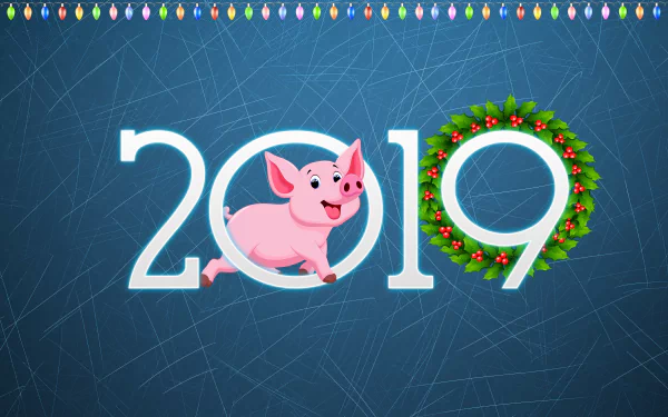 HD PC desktop wallpaper featuring a festive 2019 New Year design with a playful pink pig and a holiday wreath on a textured blue background.