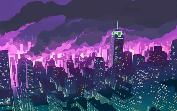 HD anime cityscape at night inspired by Promare, featuring vibrant purple skies and glowing skyscrapers, designed as a dynamic PC desktop wallpaper background.