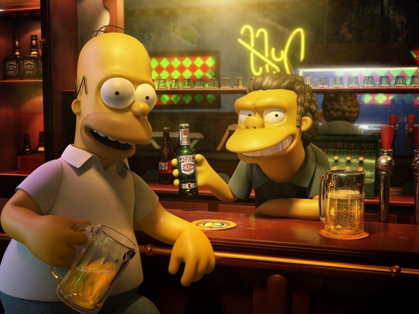 Homer Simpson and Moe Szyslak sitting together at a bar.