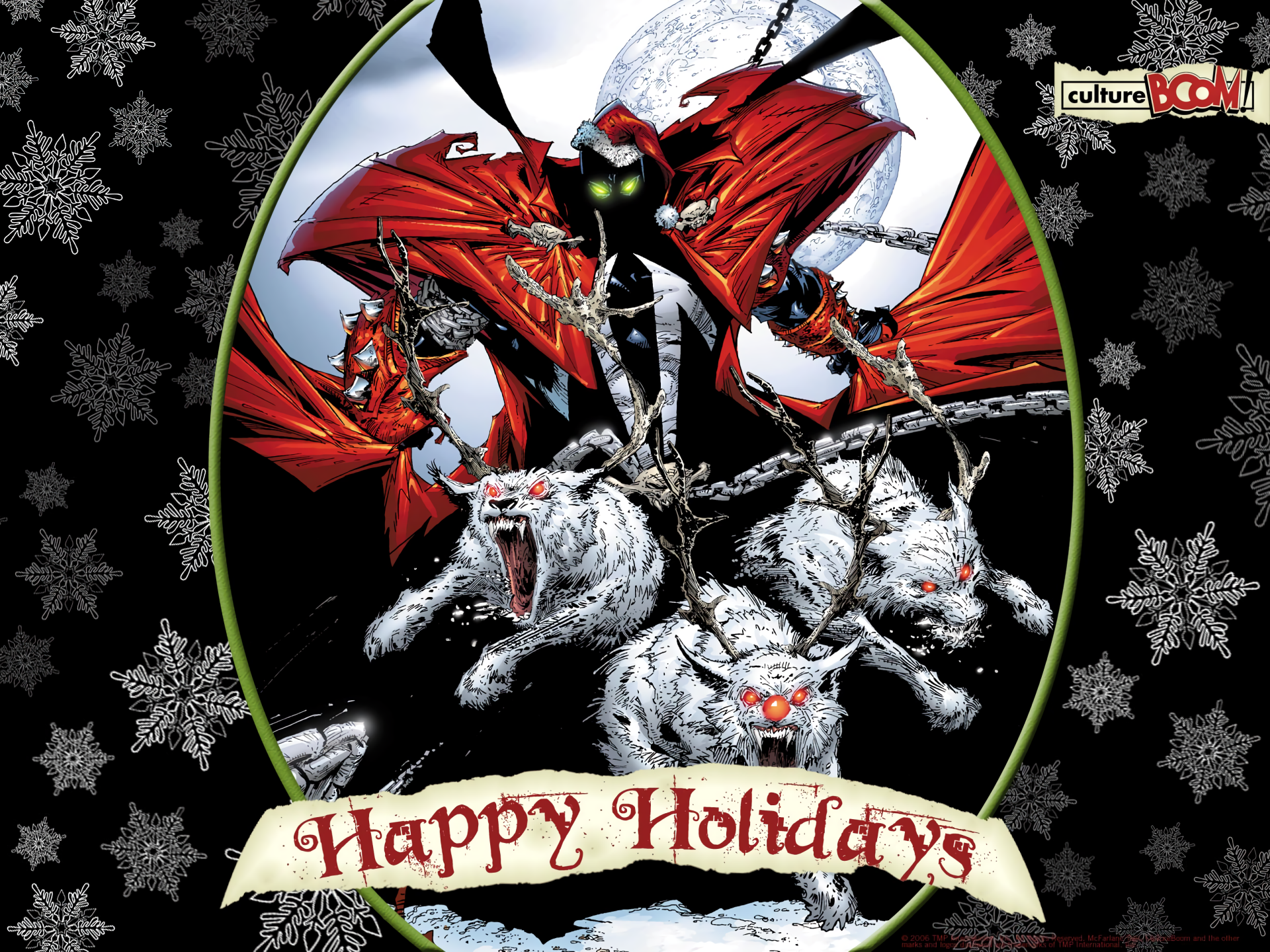 2K Quad HD PC desktop wallpaper and background: cloaked figure with glowing green eyes and red cape amid three snarling white wolves, snowflake border and 'Happy Holidays' banner.