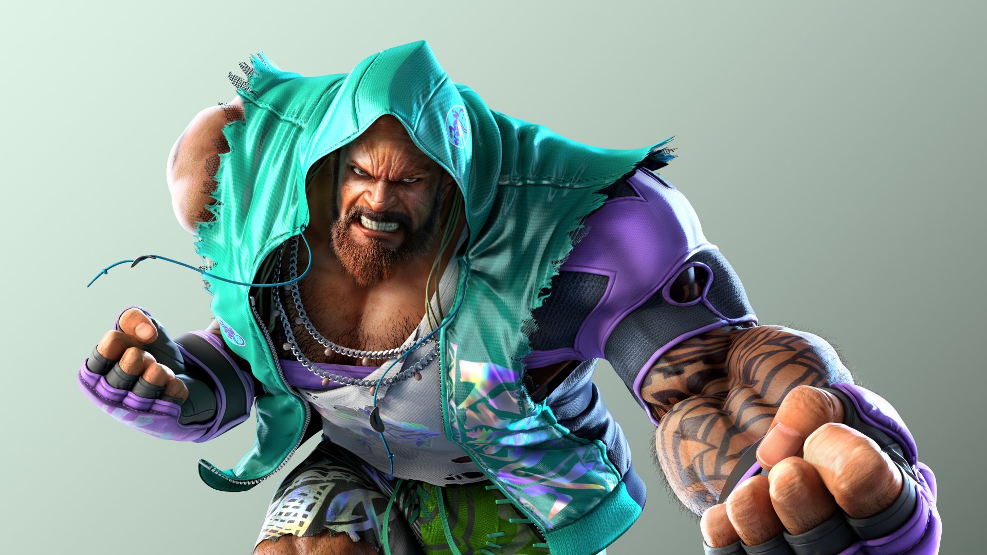 Craig Marduk from Tekken 7 charging forward with clenched fists, dynamic 5K Ultra HD PC desktop wallpaper/background.