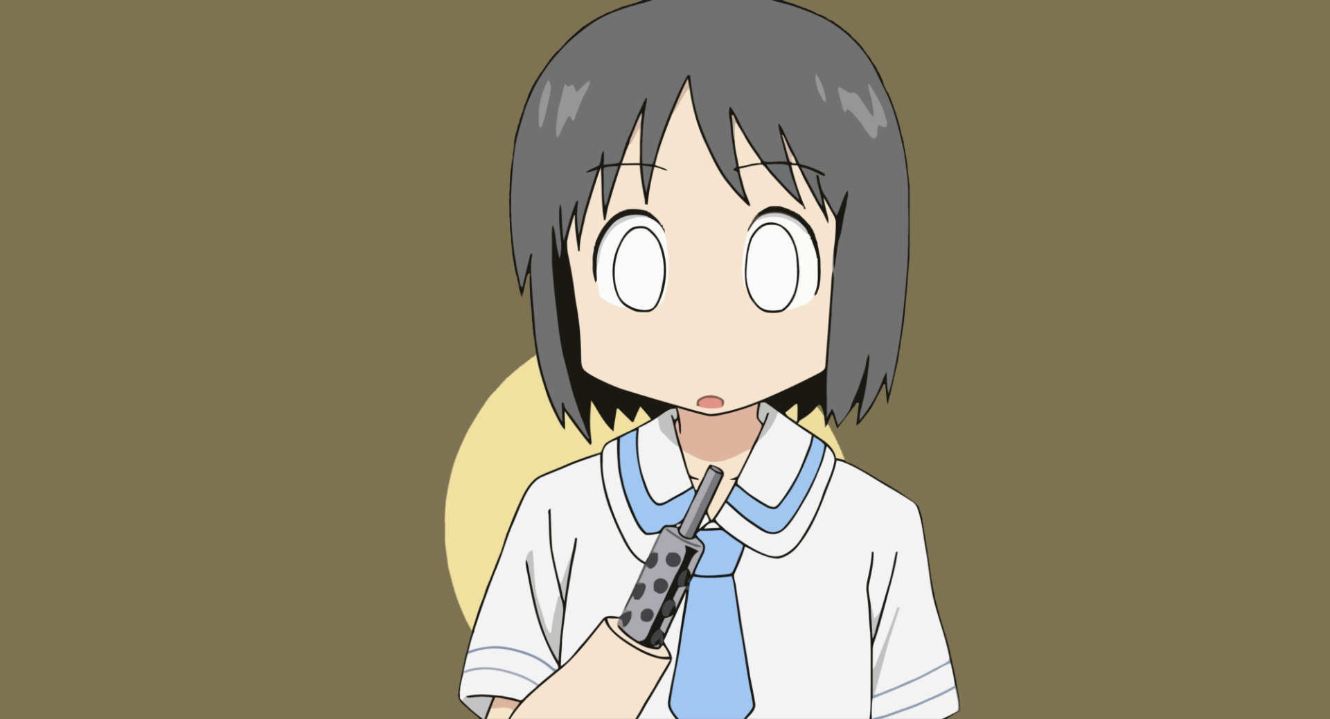 HD PC desktop wallpaper of Nano Shinonome from Nichijō — surprised anime girl in a school uniform holding a small metallic gadget against a muted olive background.