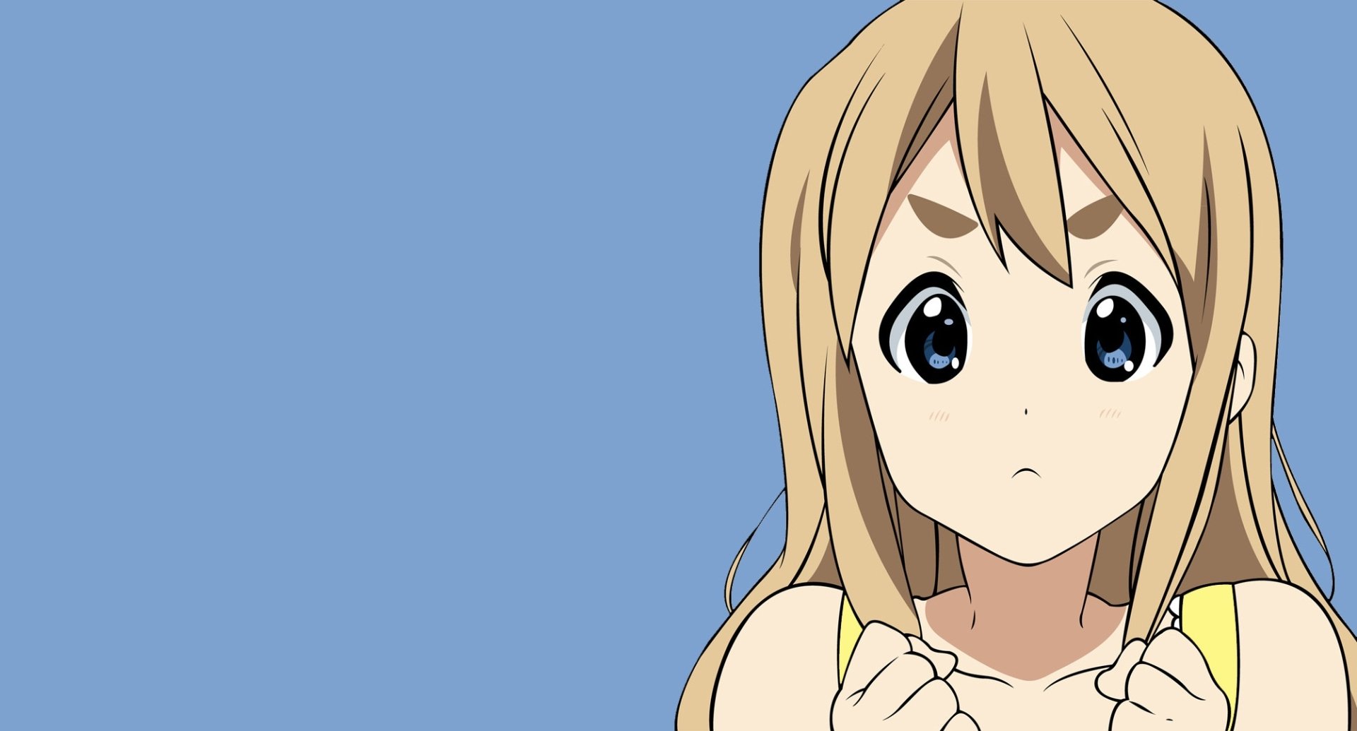 Tsumugi Kotobuki from K-ON! anime HD desktop wallpaper — close-up of a curious blonde girl with clasped hands against a solid blue background.