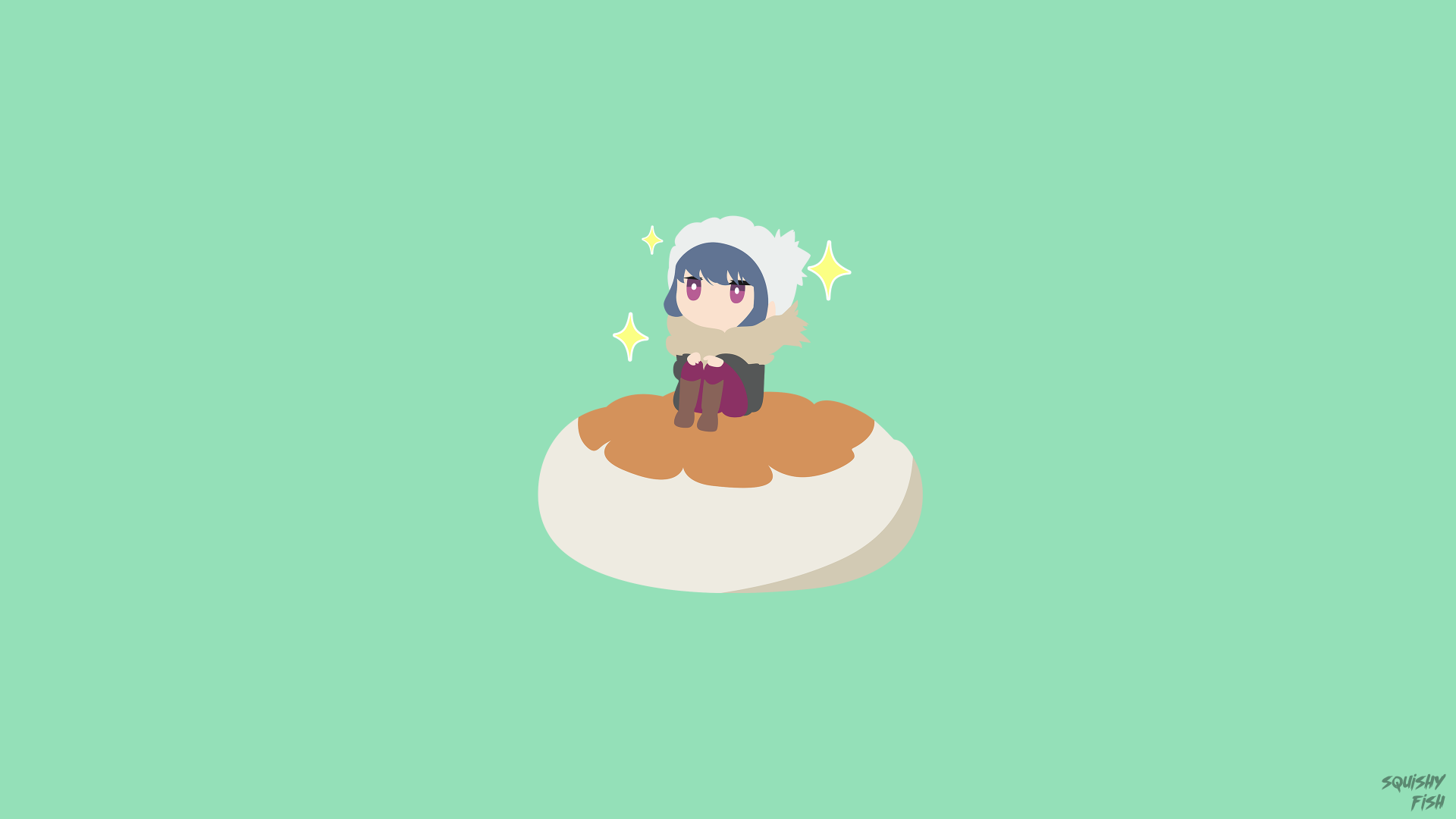 Chibi Rin Shima from Laid-Back Camp sitting on a dumpling, sparkling, set against a soft green background, 4K Ultra HD anime desktop wallpaper.